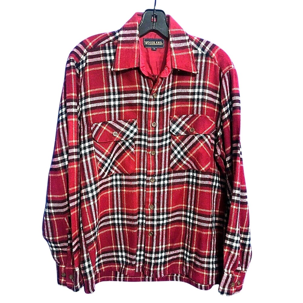 VTG WOODLAND Virgin Acrylic LUMBERJACK FLANNEL WORK SHIRT Red Plaid GRUNGE sz M